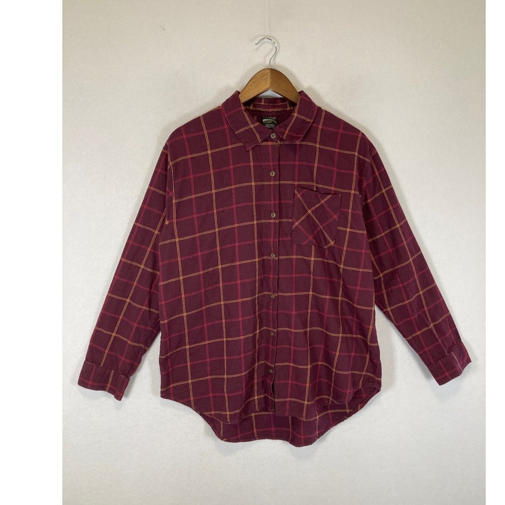 Dark Academia Jockey Women Large Burgundy Plaid Cotton Flannel Button Down Shirt